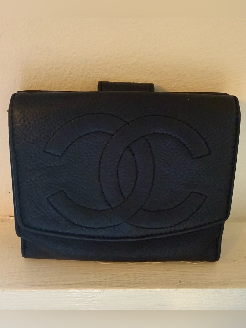 Vintage CHANEL Black Caviar Quilted CC Embossed Mini Wallet